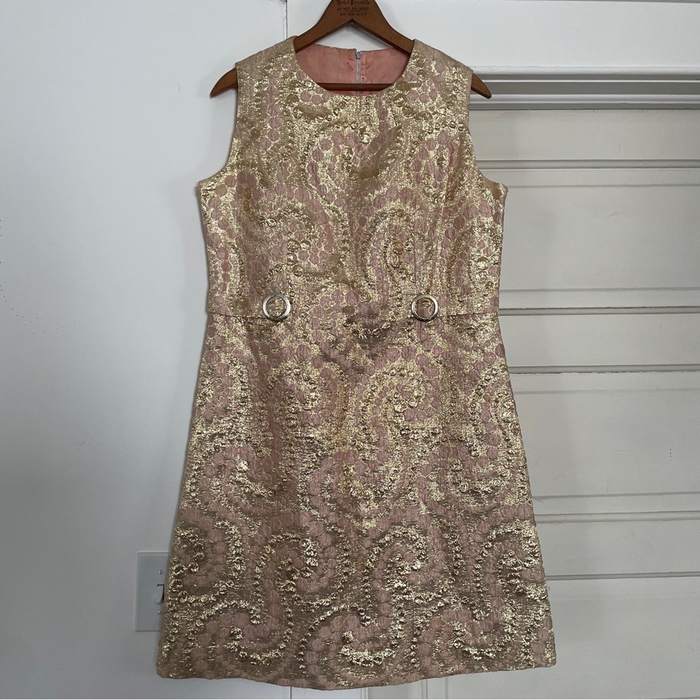 Vintage 1960s 1970s Sparkly Metallic Gold Pink Dress Mod